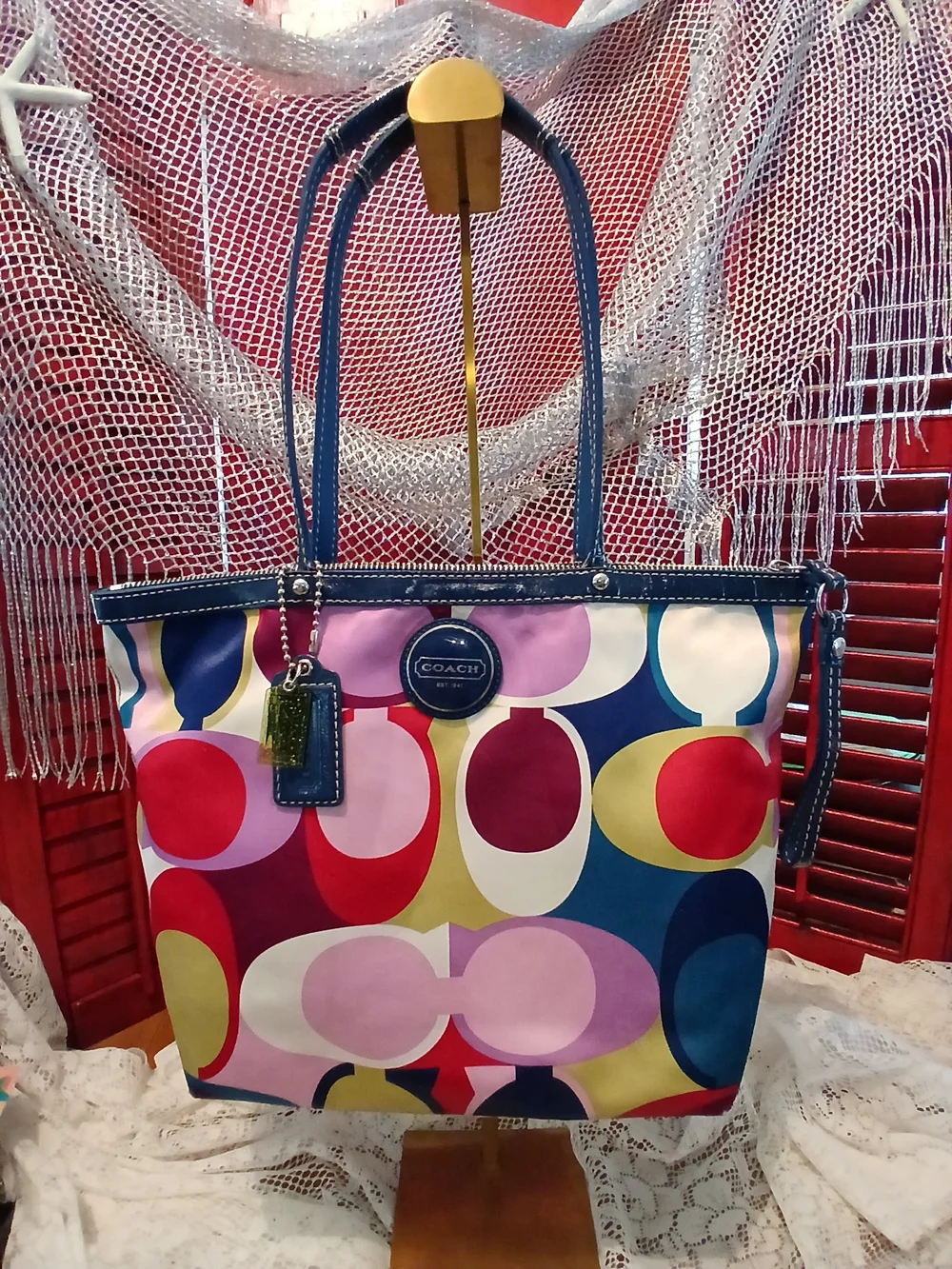 Coach Multicolor Signature Circle Print Tote with Navy Trim